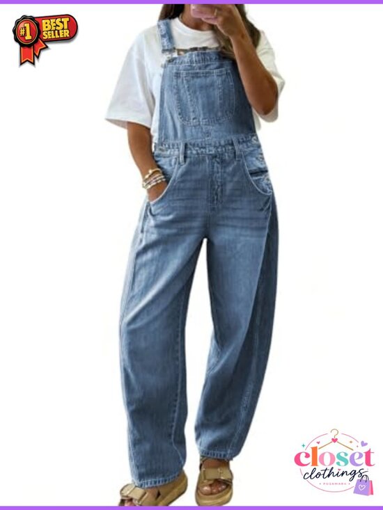 Denim - Women's Baggy Denim Overalls Adjustable Strap Wide Leg Barrel Jeans Jumpsuit